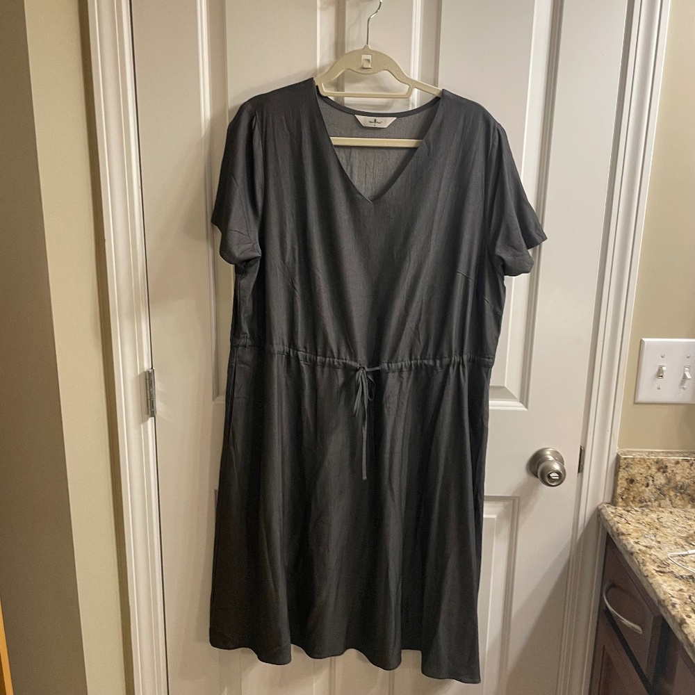 Agnes Orinda Women's Plus Size Tie Waist Short Sleeve Gray Chambray Dress, 1X
